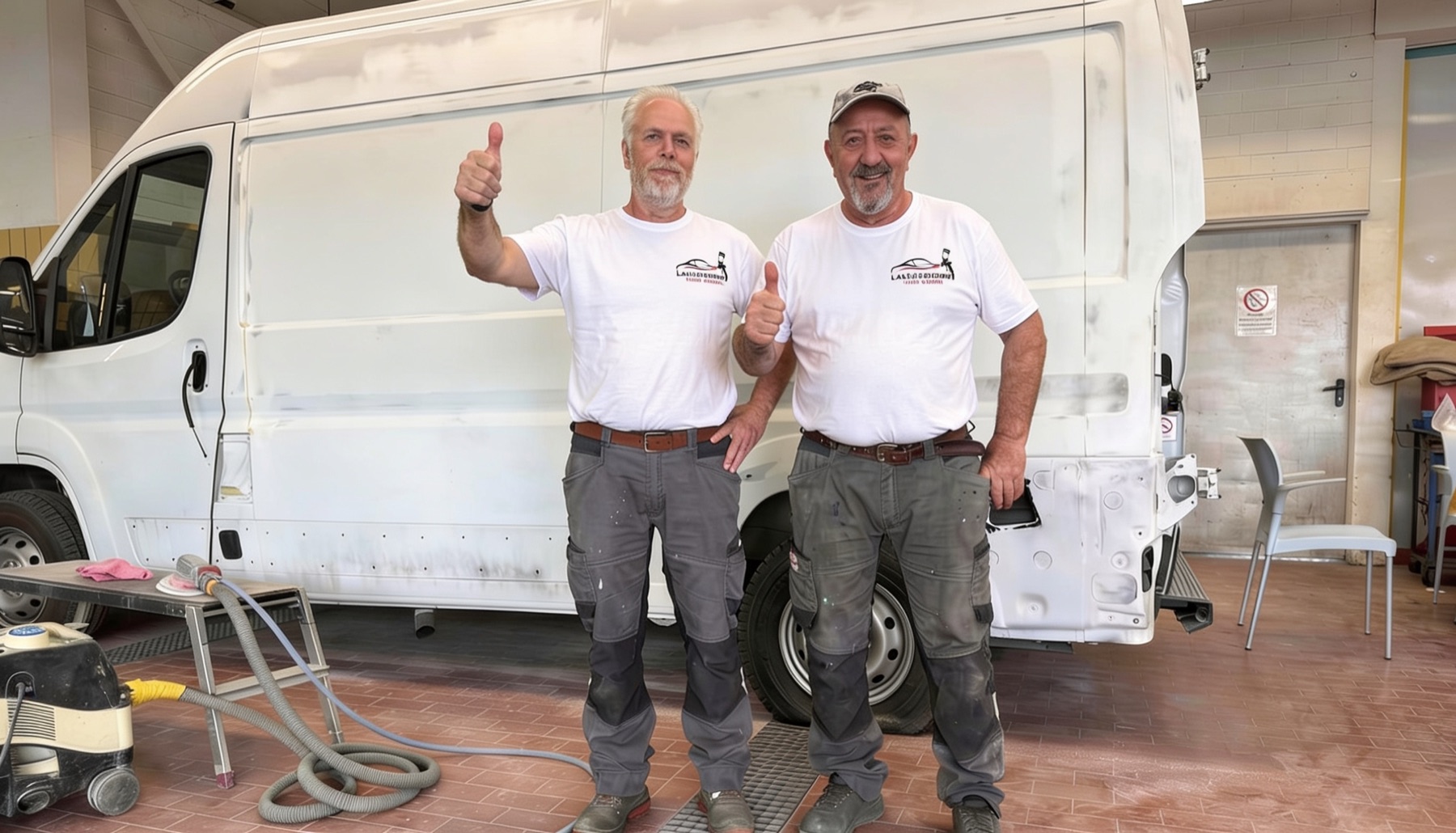 Team der Lackiererei Yalin Osman vor einem Fahrzeug in der Werkstatt